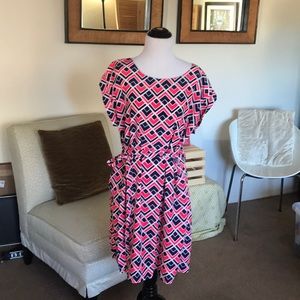 Gap; Pink and Navy patterned dress.  Waist tie.